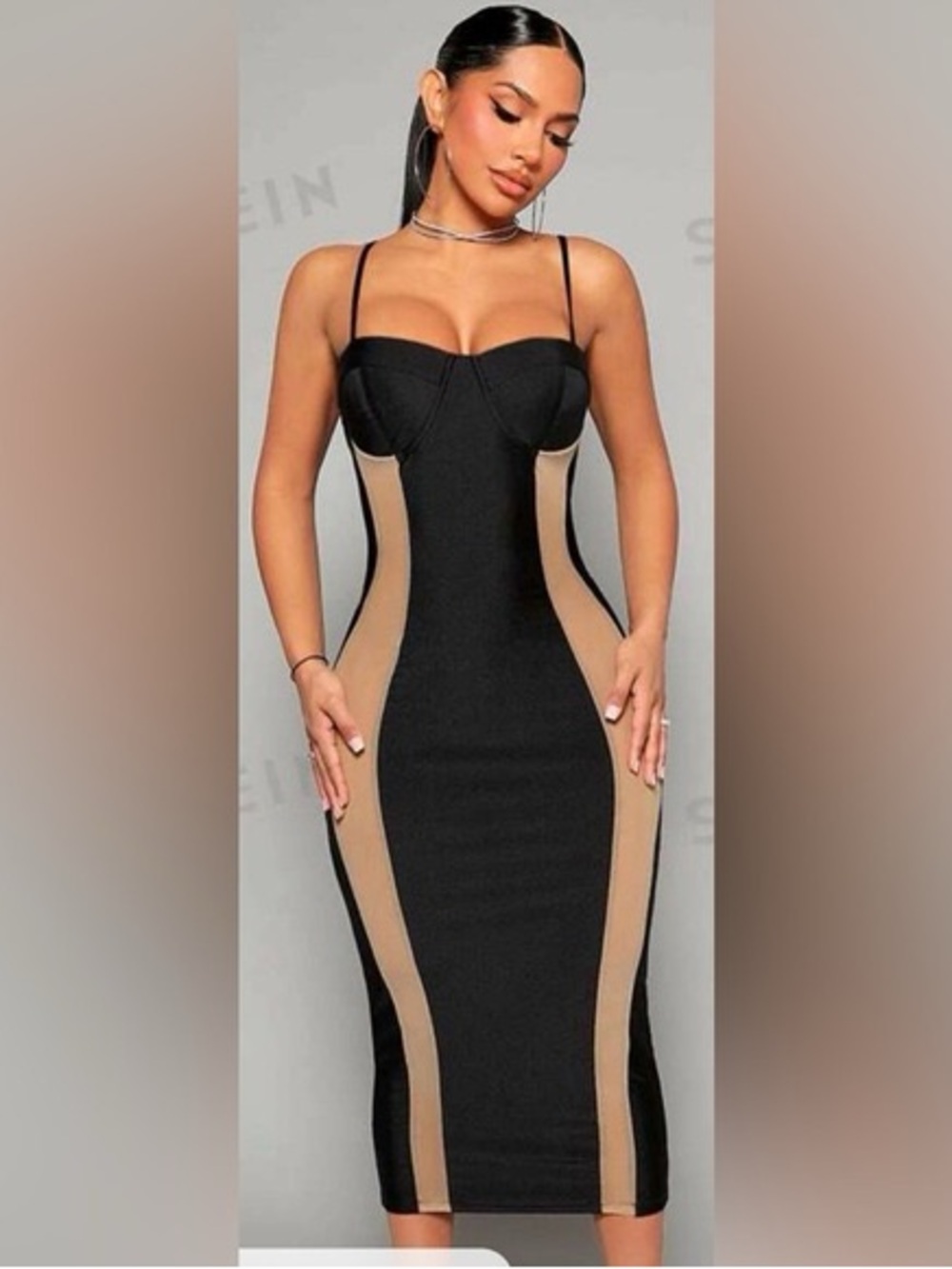 New Small Black and Tan Bodycon Midi Dress with Contour Panels